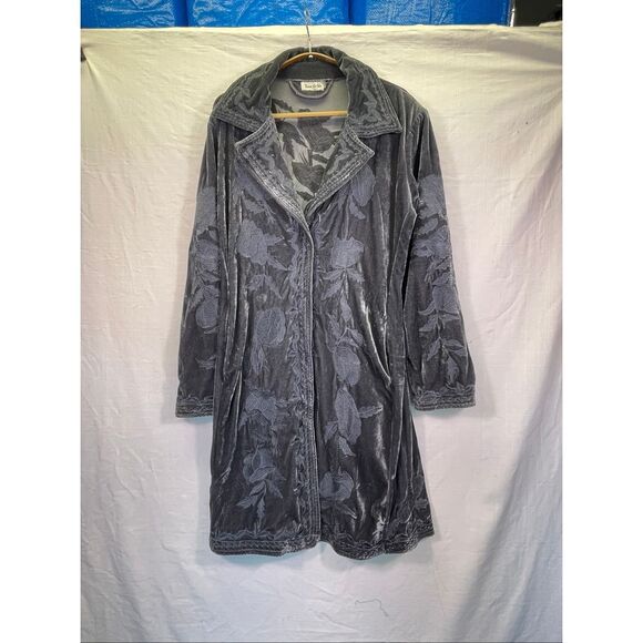 Time for Me Velvet Embroidered Floral Long Sleeve Coat Jacket Blue Large - Picture 2 of 13